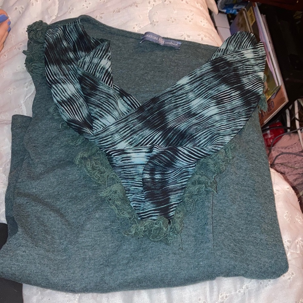 Large dark green long sleeve with built in scarf